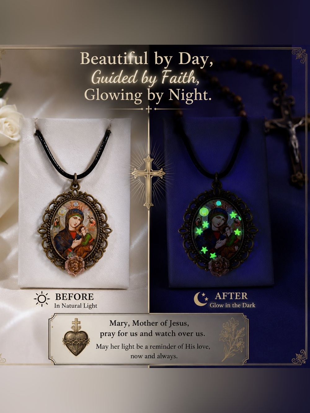 Virgin Mary Glow-in-the-Dark Pendant Necklace - Bronze with Black Cord